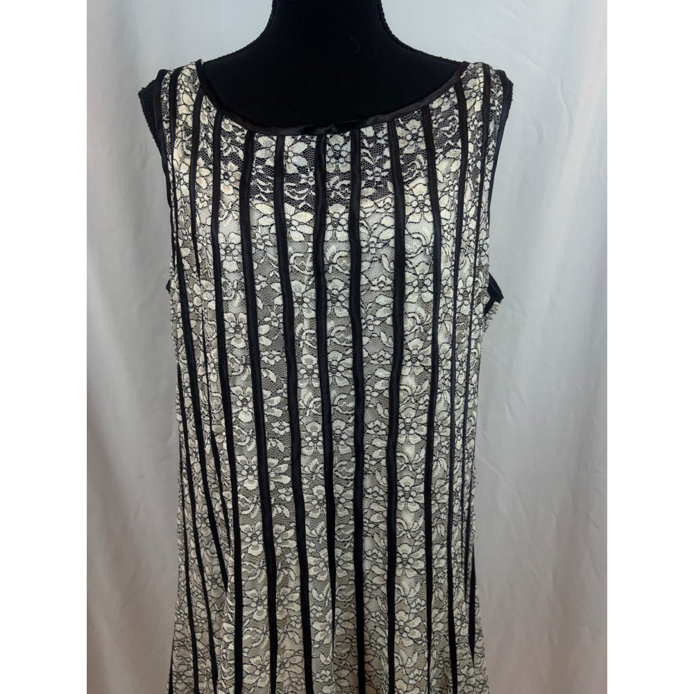 SLNY Womens 14W Lace Midi Dress Black Ivory Ribbon Stripe Handkerchief Hem - Picture 6 of 16